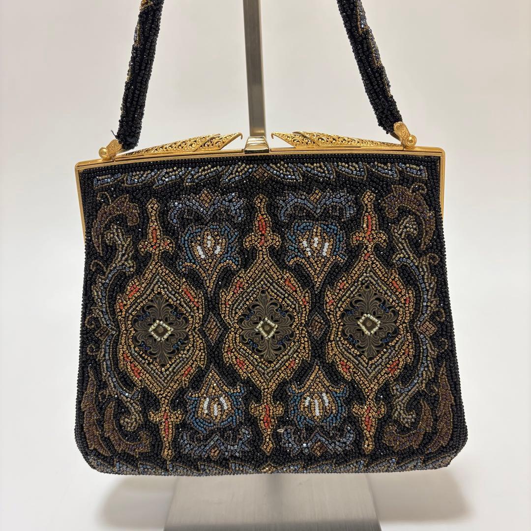 美品　柏ビーズ　ハンドバッグ　和装バッグ　総ビーズ　がま口　ゴールド金具　黒