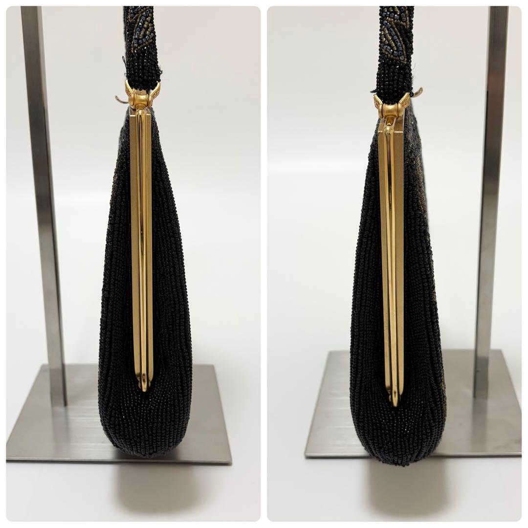 美品　柏ビーズ　ハンドバッグ　和装バッグ　総ビーズ　がま口　ゴールド金具　黒