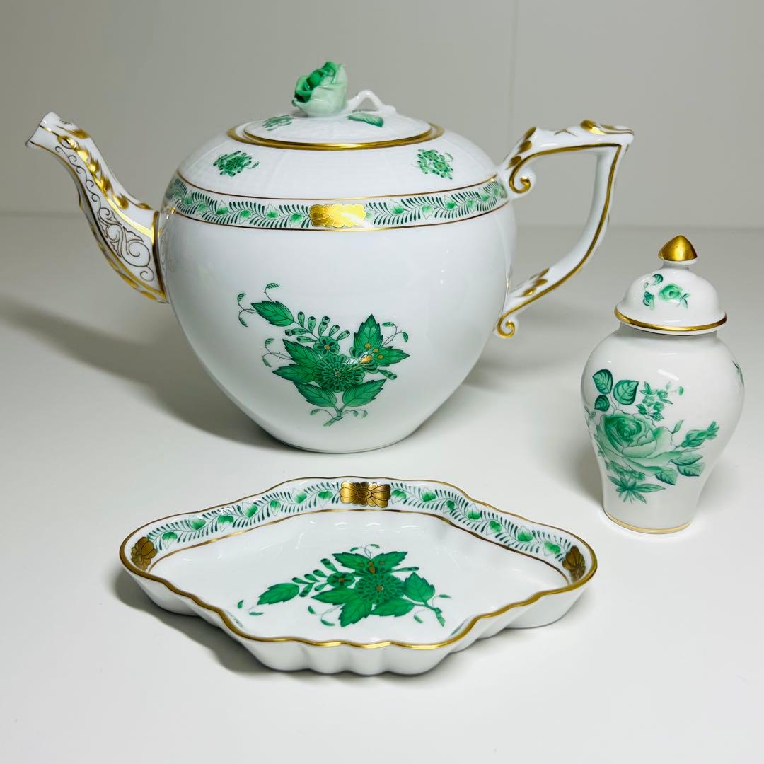 希少 Herend ヘレンド 花瓶 グリーン 薔薇 手描き 花器 飾り壺