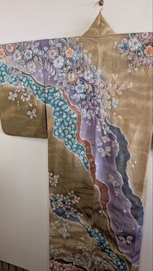 【翠山工房】訪問着 花柄 金色 紫色 辻ヶ花