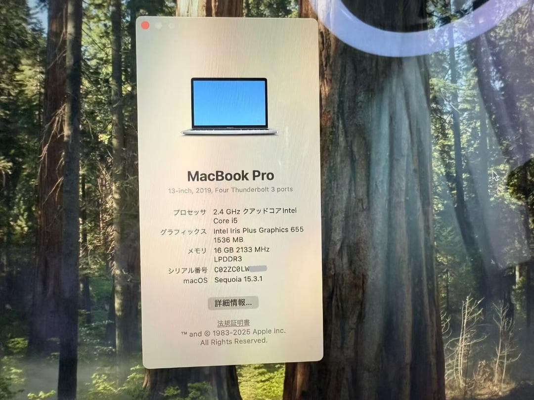 美品　Macbook Pro i5 16G SSD500 A1989 2019