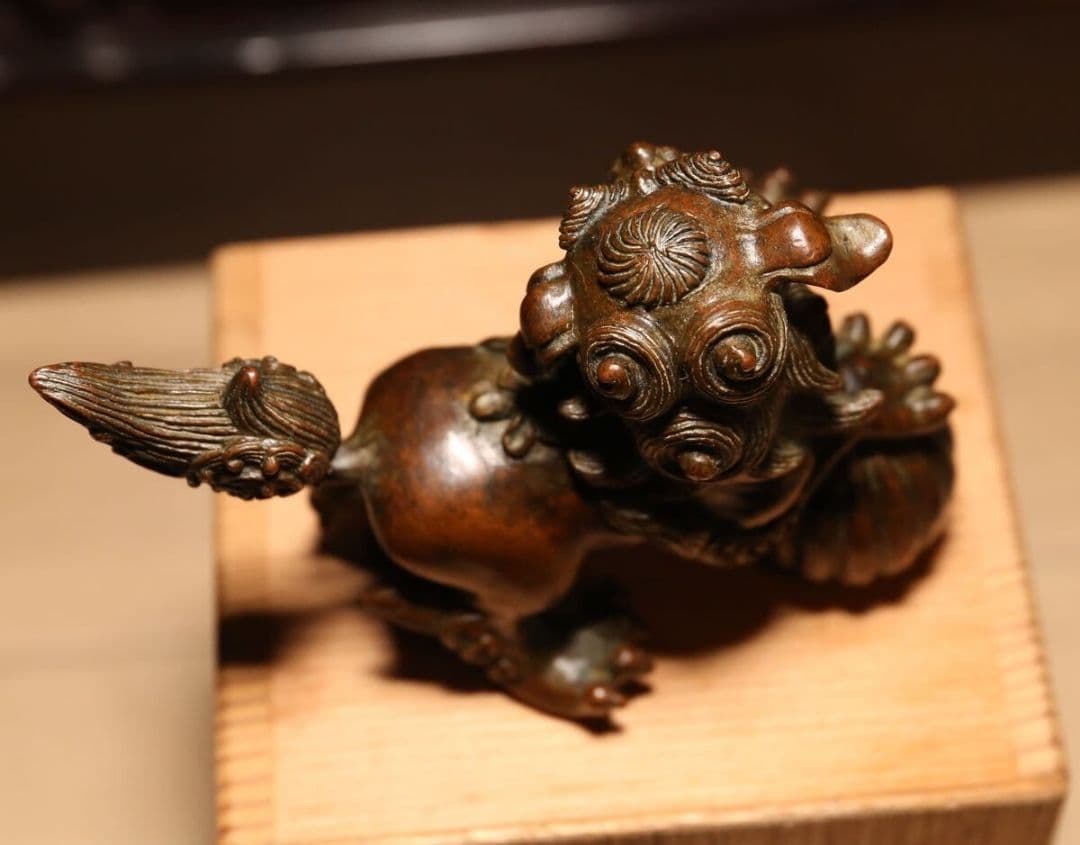 日本美術　龍文堂　安之介　古銅製　獅子香炉　木箱付き　時代物　古物　文房具