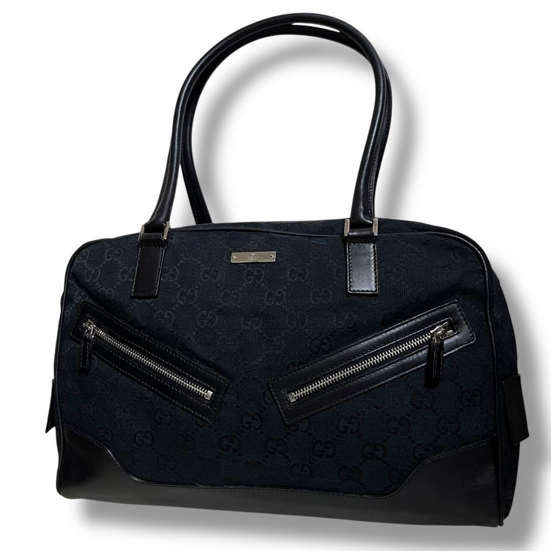Gucci 黒 キャンバス レザー ハンドバッグ