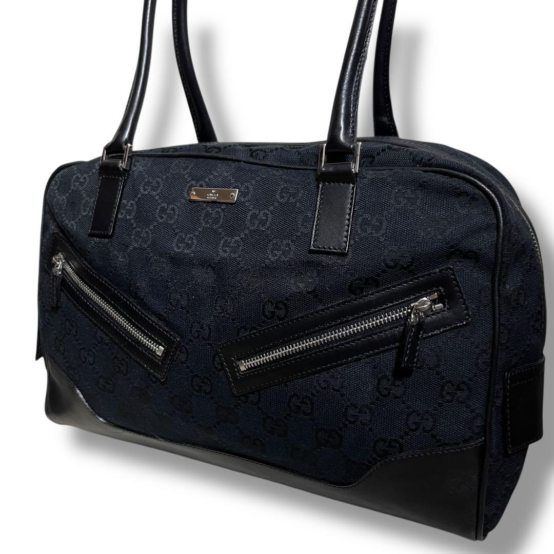 Gucci 黒 キャンバス レザー ハンドバッグ