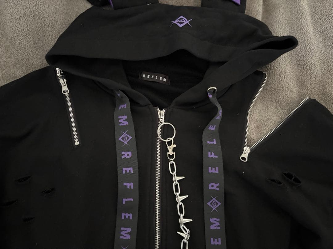 REFLEM レフレム うさ耳ダメージZIPアップ半袖パーカー (紫・パープル)