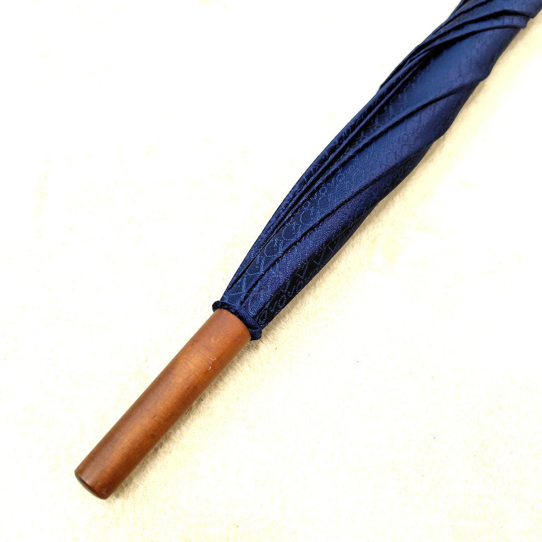 未使用級 希少 クリスチャンディオール 長傘 木製 高級傘 ロゴ 総柄 ネイビー