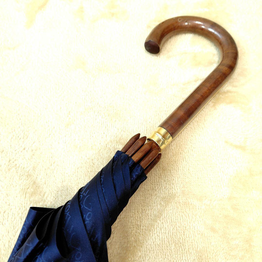 未使用級 希少 クリスチャンディオール 長傘 木製 高級傘 ロゴ 総柄 ネイビー