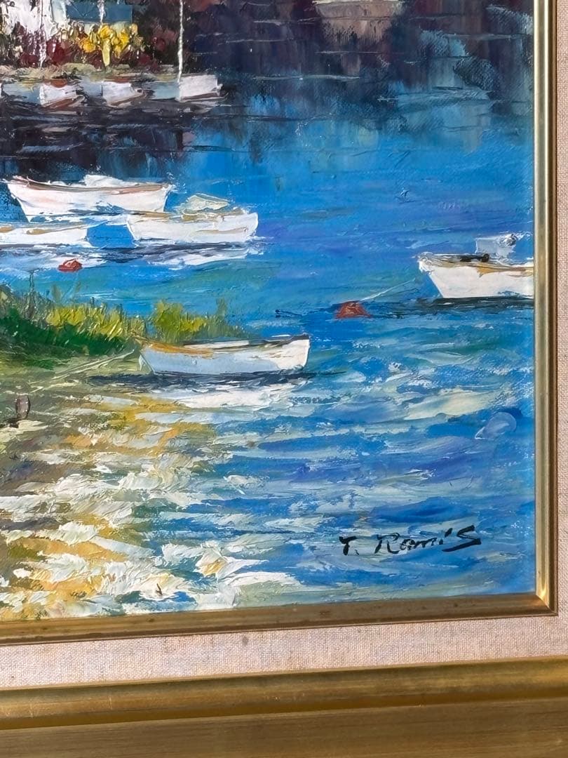 真作テリィーラミス フランスの人女な港 風景画 油彩画 T. Johnson