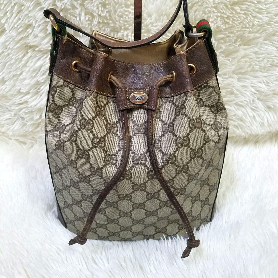 【正規品】GUCCI 巾着型ショルダーバッグ GG シェリーライン PVC 本革