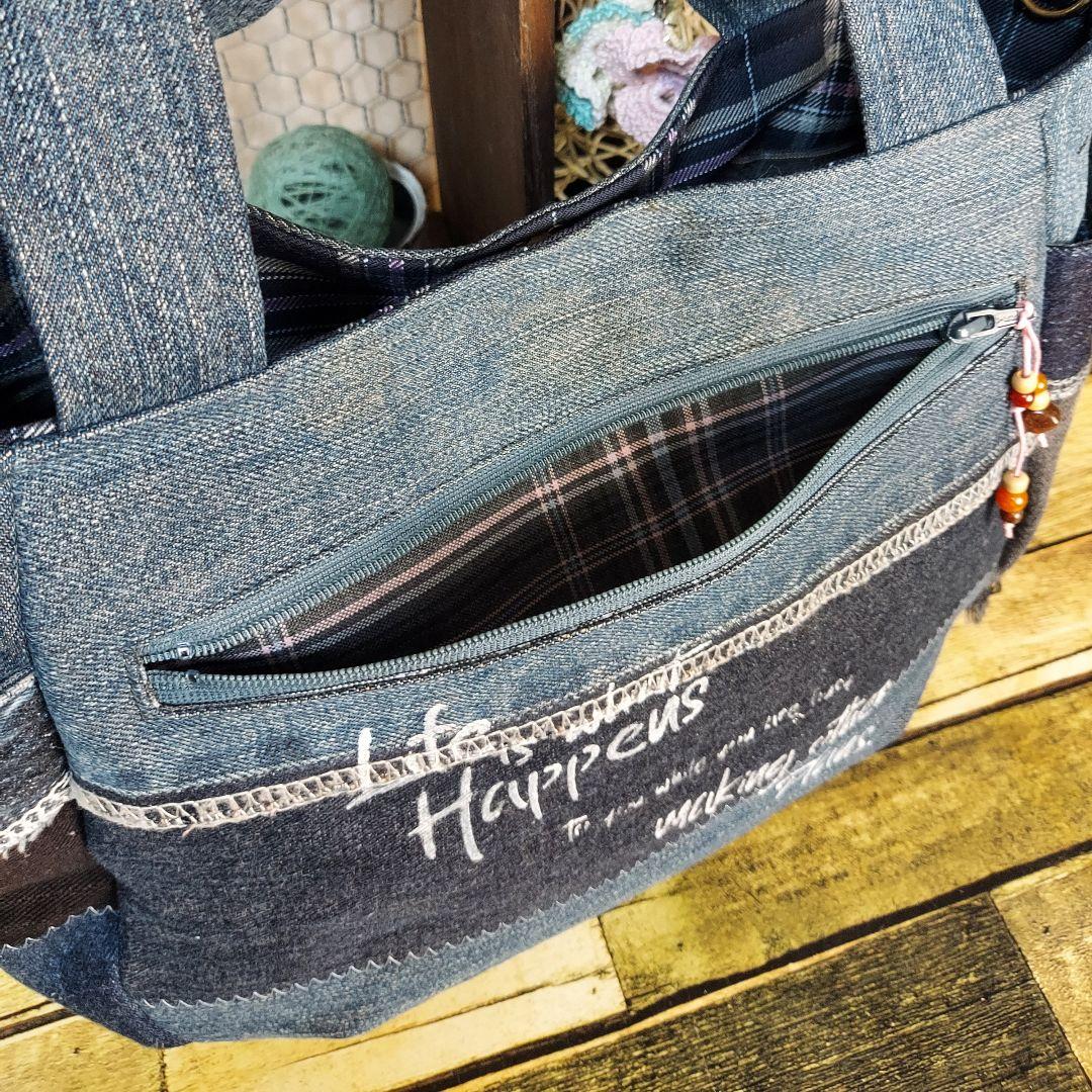 刺繍デニムバック　No.676　デニムリメイク　刺繍バック　丸いバック