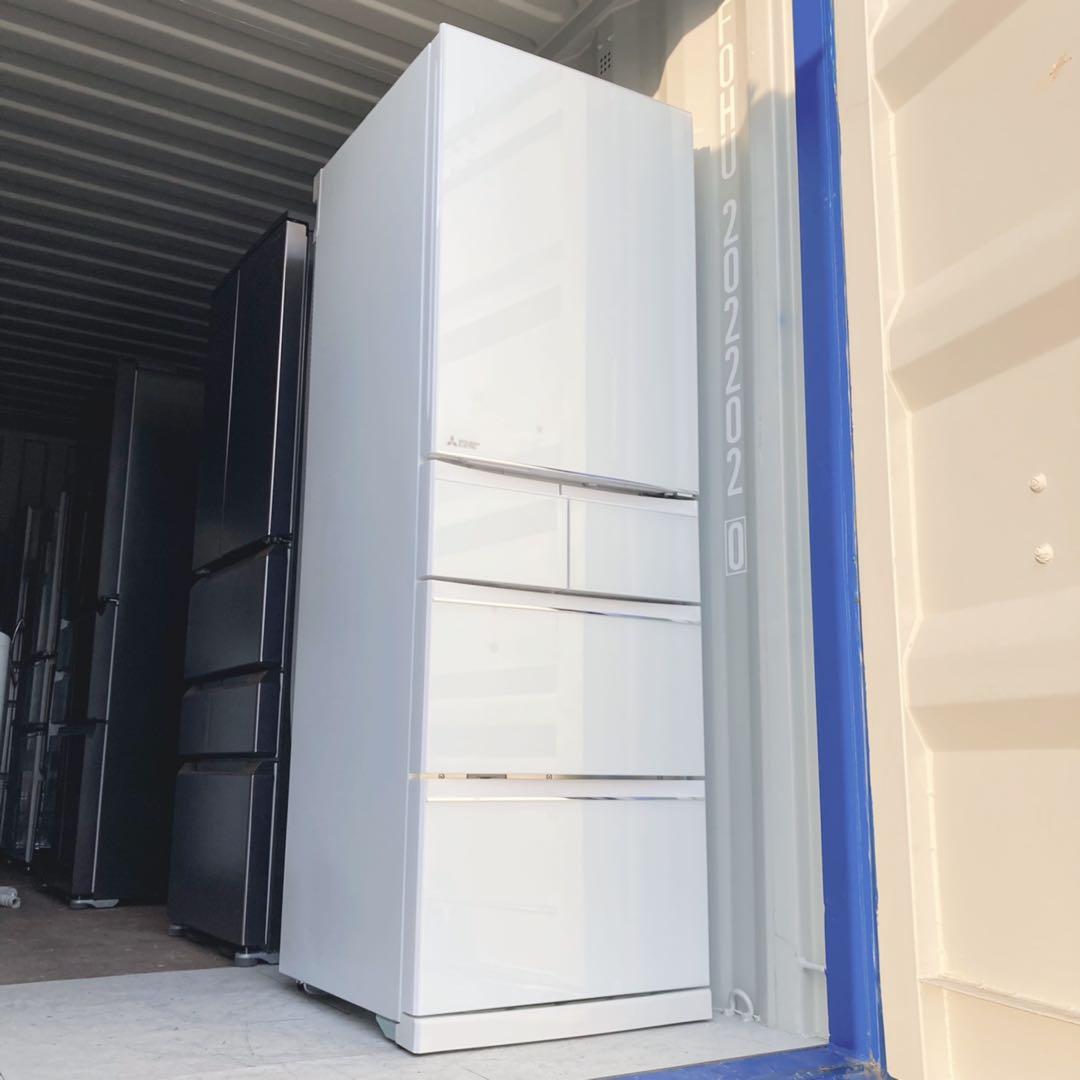 取付無料！三菱チルドルーム搭載おしゃれホワイトインテリアグラス冷蔵庫！洗濯機