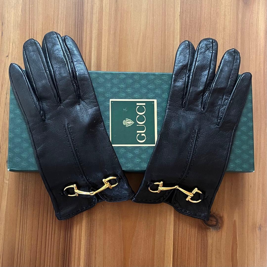 【未使用】GUCCIホースビット付き黒レザーグローブゴールド金具