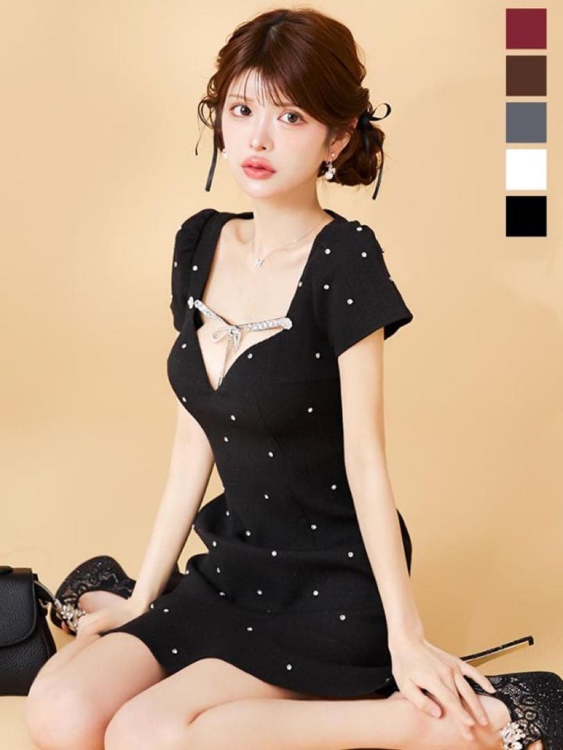 ビジューリボンマーメイドミニドレス/キャバドレス