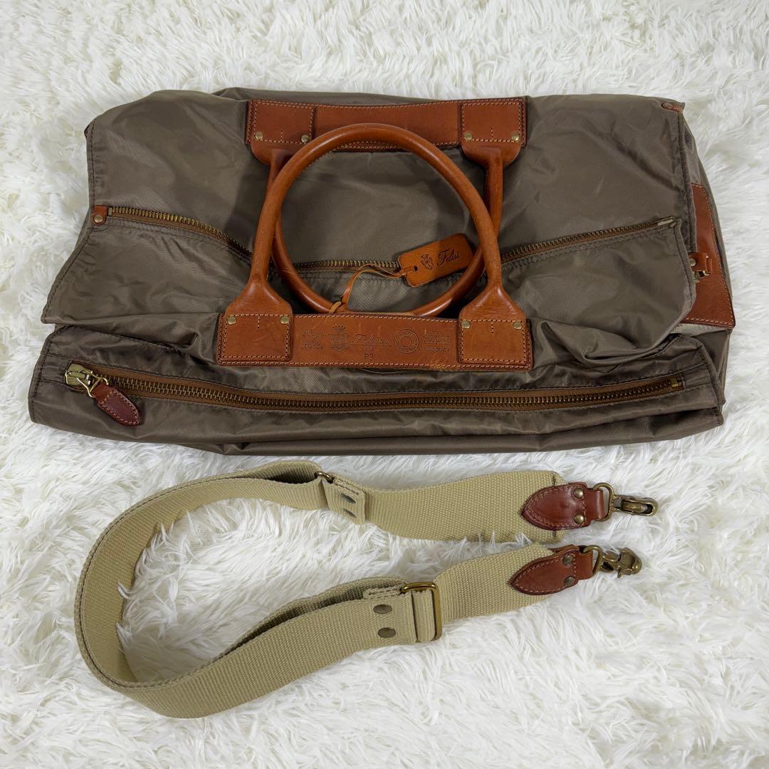 【美品】フェリージ P4 ボストンバッグ レザー ナイロン ショルダー付 カーキ