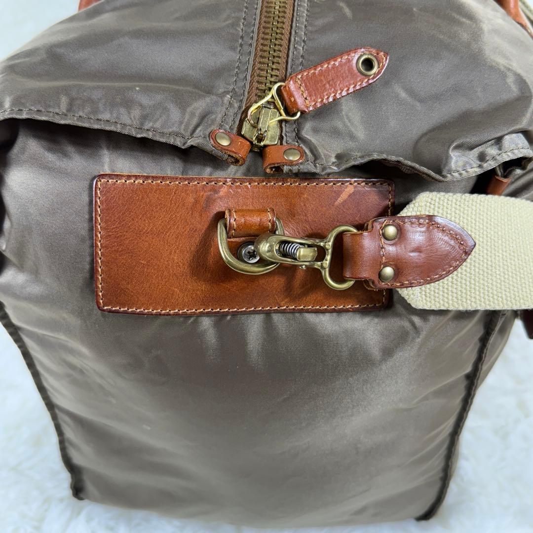 【美品】フェリージ P4 ボストンバッグ レザー ナイロン ショルダー付 カーキ