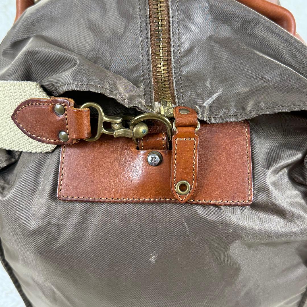 【美品】フェリージ P4 ボストンバッグ レザー ナイロン ショルダー付 カーキ