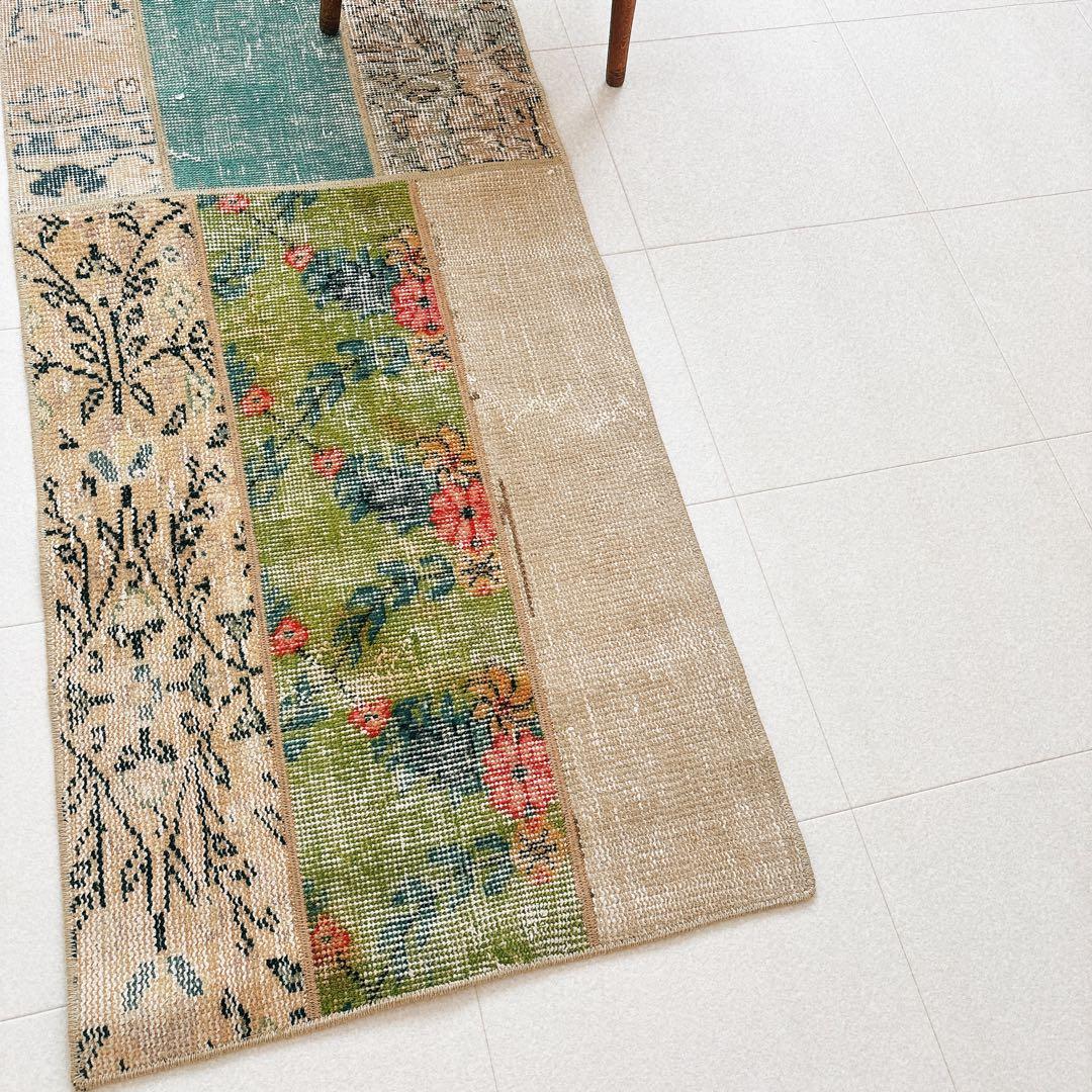 トルコ　ヴィンテージ　ラグ　パッチワーク　グリーン　ベージュ