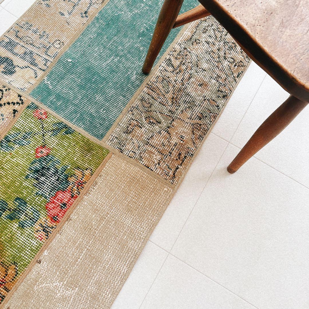 トルコ　ヴィンテージ　ラグ　パッチワーク　グリーン　ベージュ