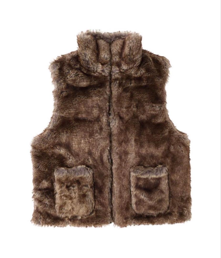 ジャケット・アウター ACLENT 2way stand collar fur vest BLACK