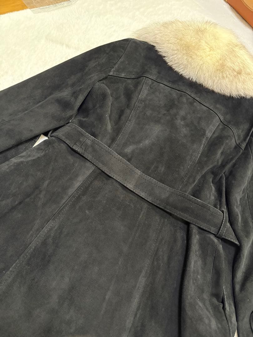 【極美品/11号】高級リアルフォックスファー×本革スエード ロングコート 黒