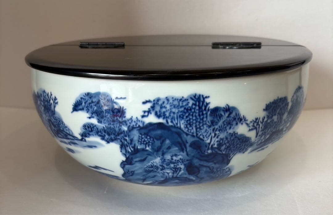 【平水指】山水 水指 茶道具 染付 洞華苑 木箱入り