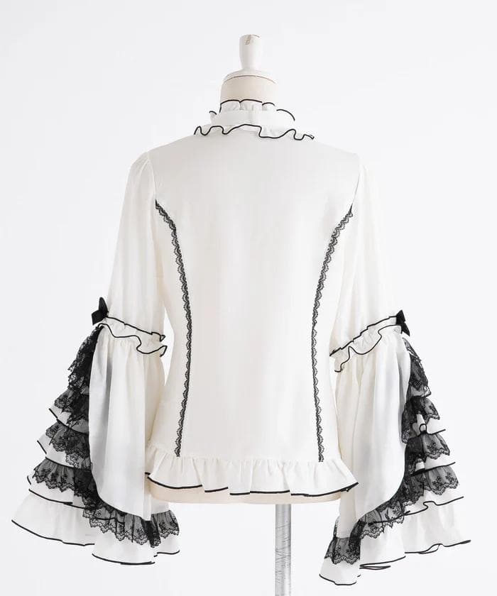 フリルハイネックレースリボンプリンセスブラウス(ホワイト×ブラック４Lサイズ)