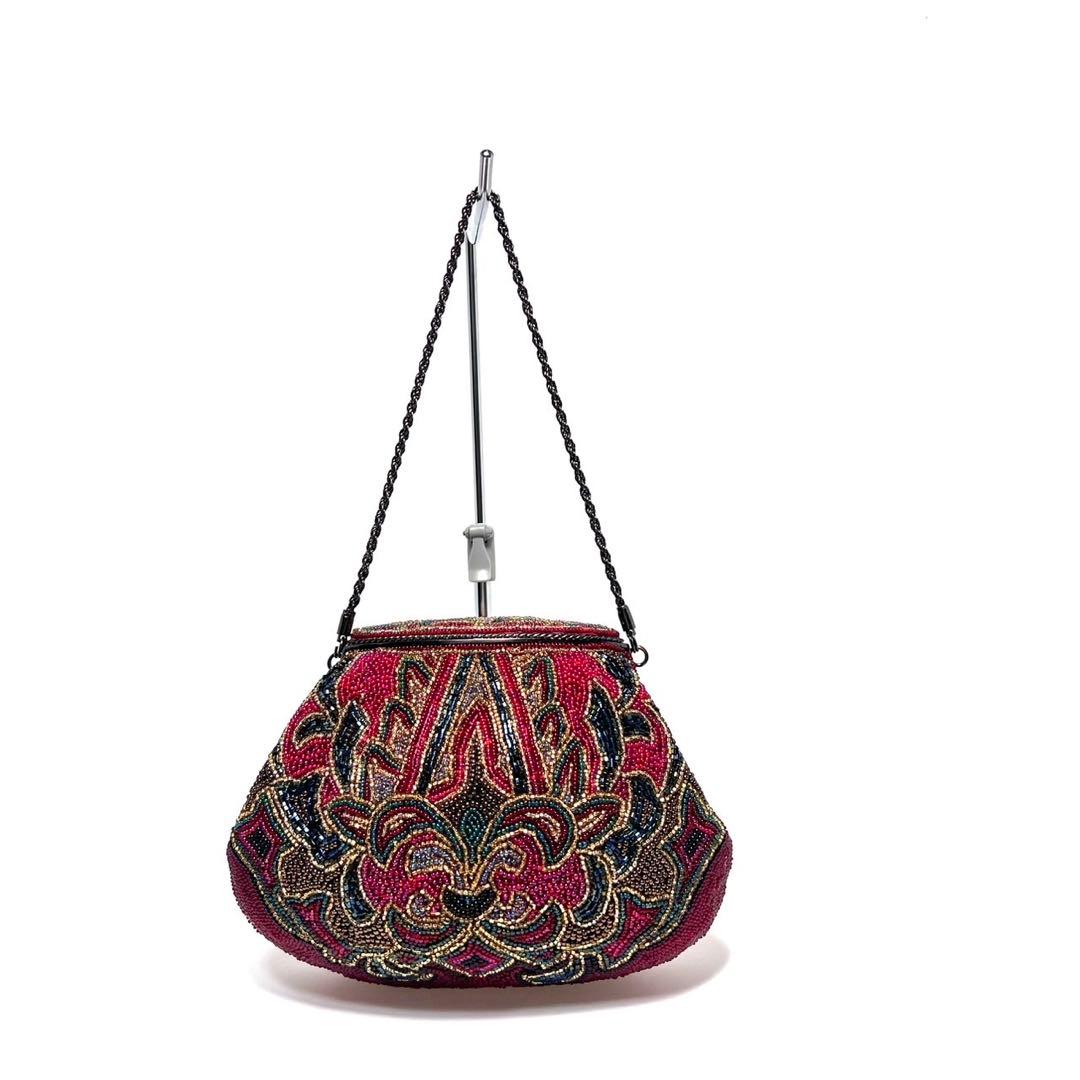 【美品】ビーズ総刺繍/ラインストーン/ ビジュー/口枠式/赤系色/ビーズバッグ