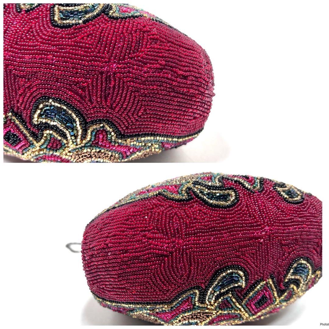 【美品】ビーズ総刺繍/ラインストーン/ ビジュー/口枠式/赤系色/ビーズバッグ