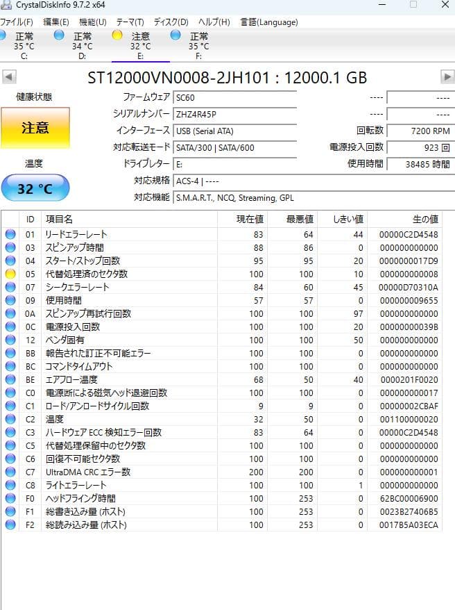 Seagate IronWolf 12TB HDD　健康状態注意