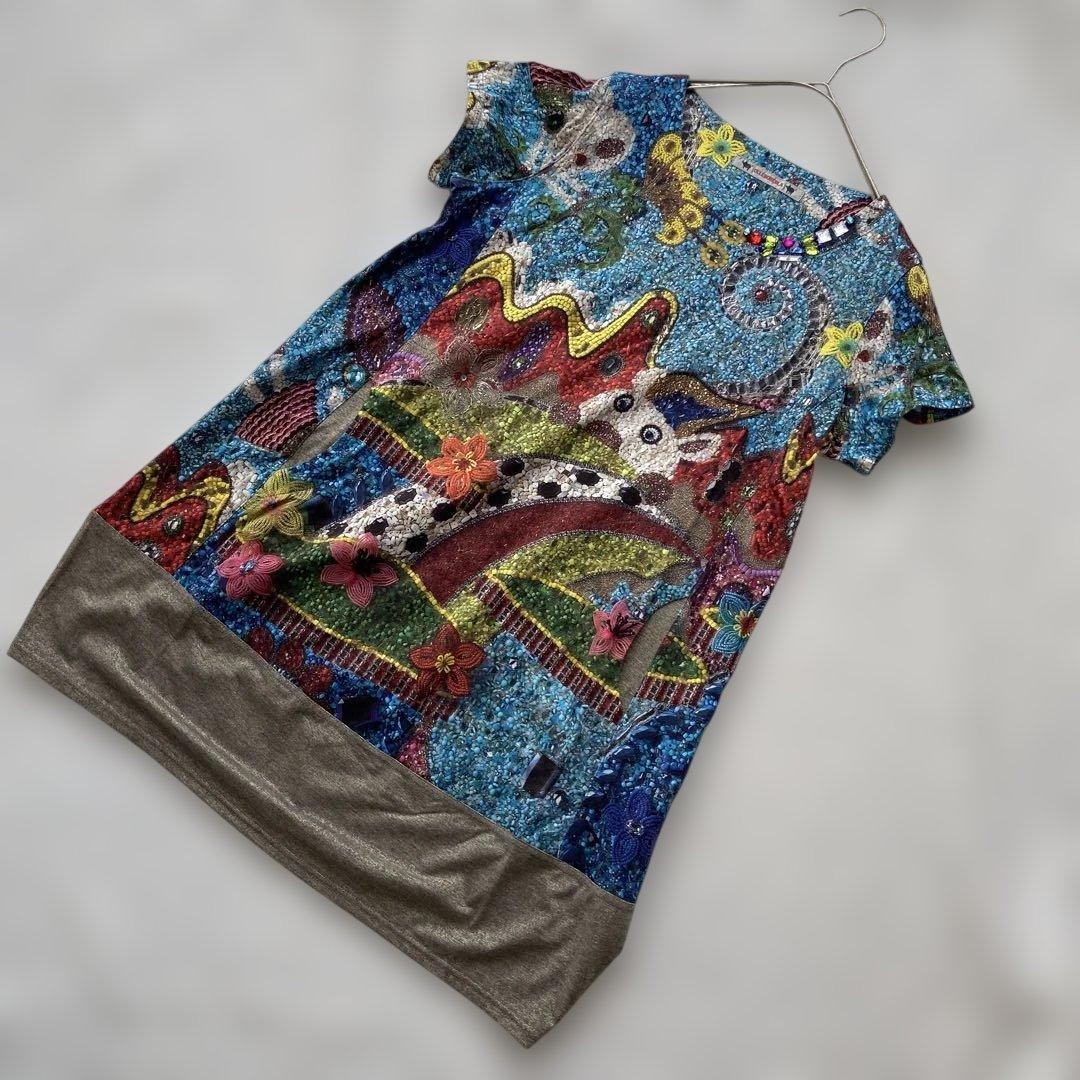 新品タグ付き⭐︎アルベロベロ胸元ビーズストーン　半袖チュニック　ブタさん　ゆったり