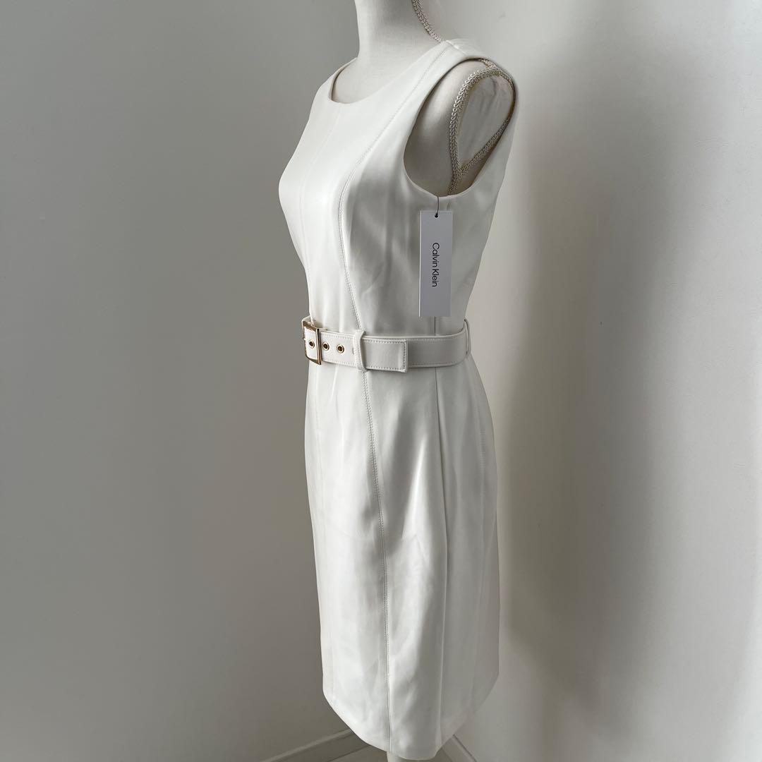 【新品】 白ノースリーブひざ丈ワンピース ベルト付き　L