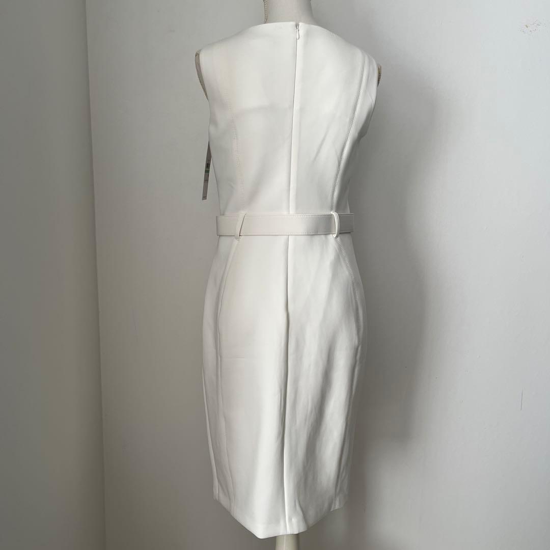【新品】 白ノースリーブひざ丈ワンピース ベルト付き　L