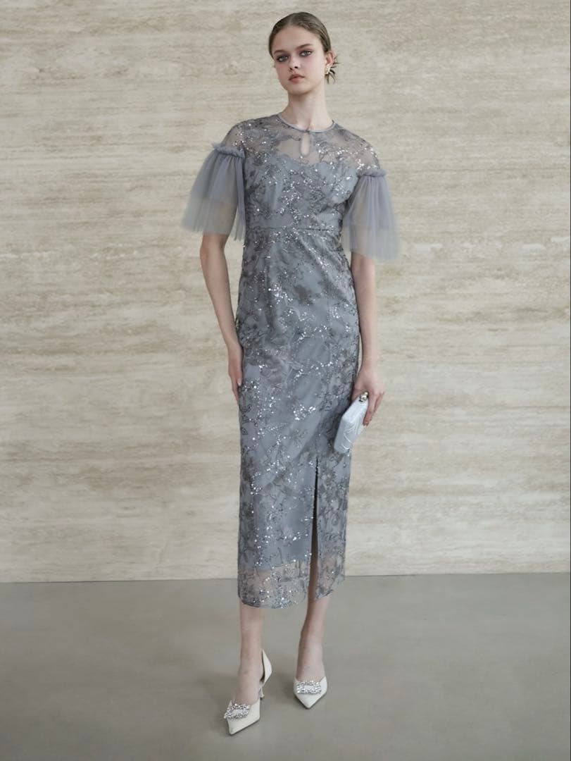 フラワースパンコールチュールスリーブIラインドレス結婚式二次会成人式パーティー