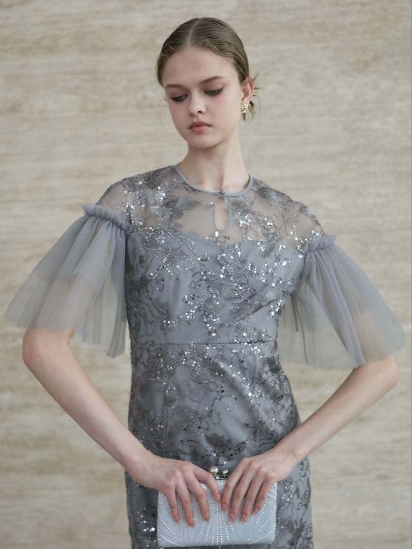 フラワースパンコールチュールスリーブIラインドレス結婚式二次会成人式パーティー