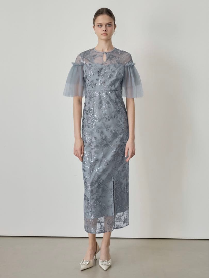 フラワースパンコールチュールスリーブIラインドレス結婚式二次会成人式パーティー