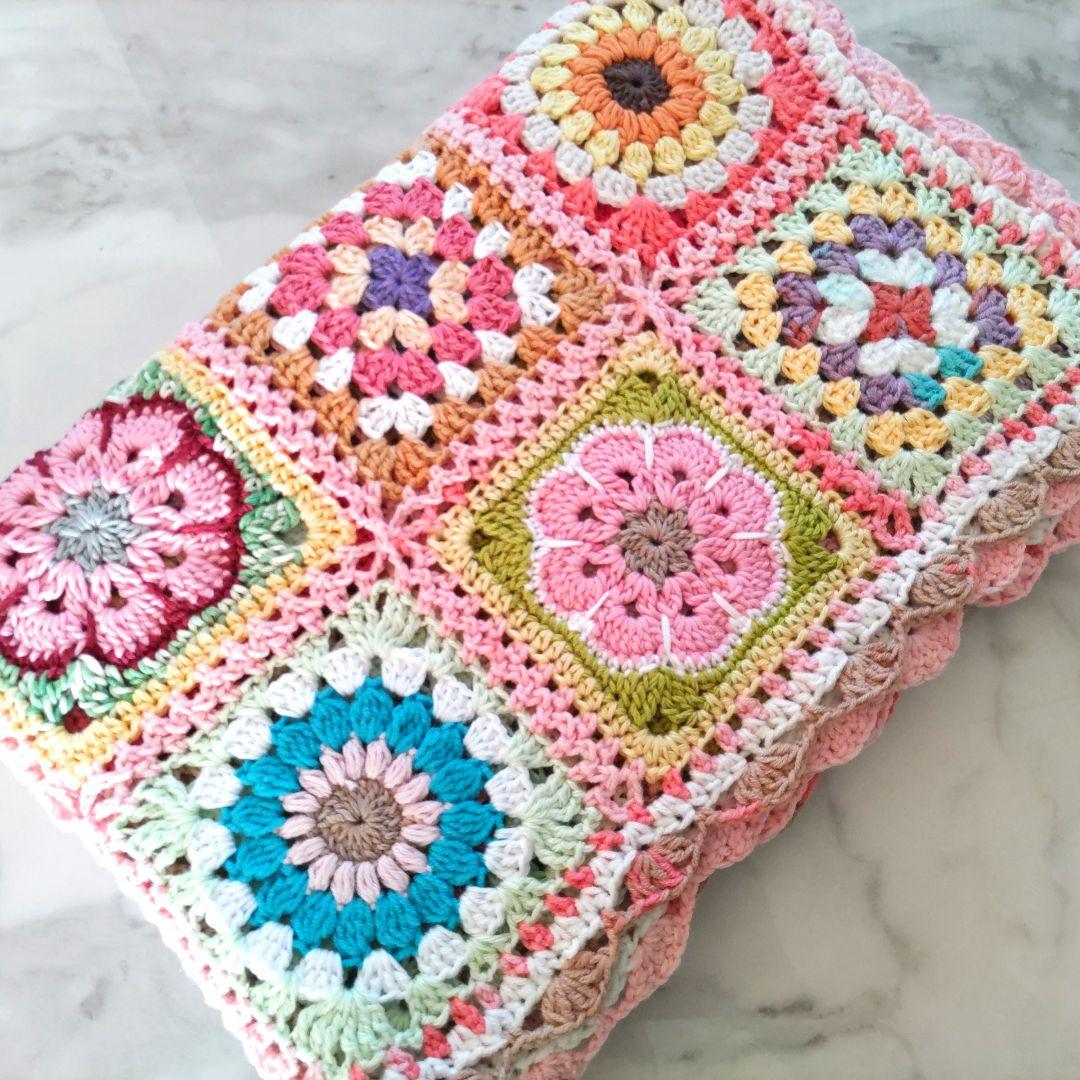 手編みブランケットmix★グラニースクエア★カラフル★フラワー★かぎ針編み