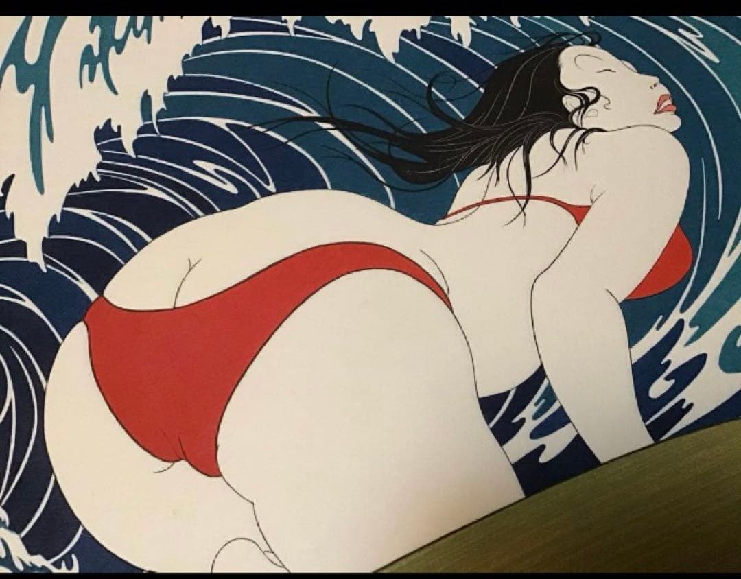 岡田嘉夫／「サーフィン娘」 木版画 1974年作／サイン刷り込み、印、ED入