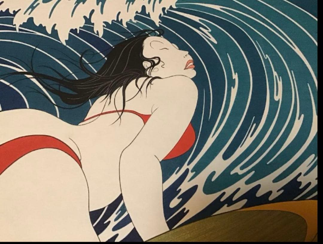 岡田嘉夫／「サーフィン娘」 木版画 1974年作／サイン刷り込み、印、ED入
