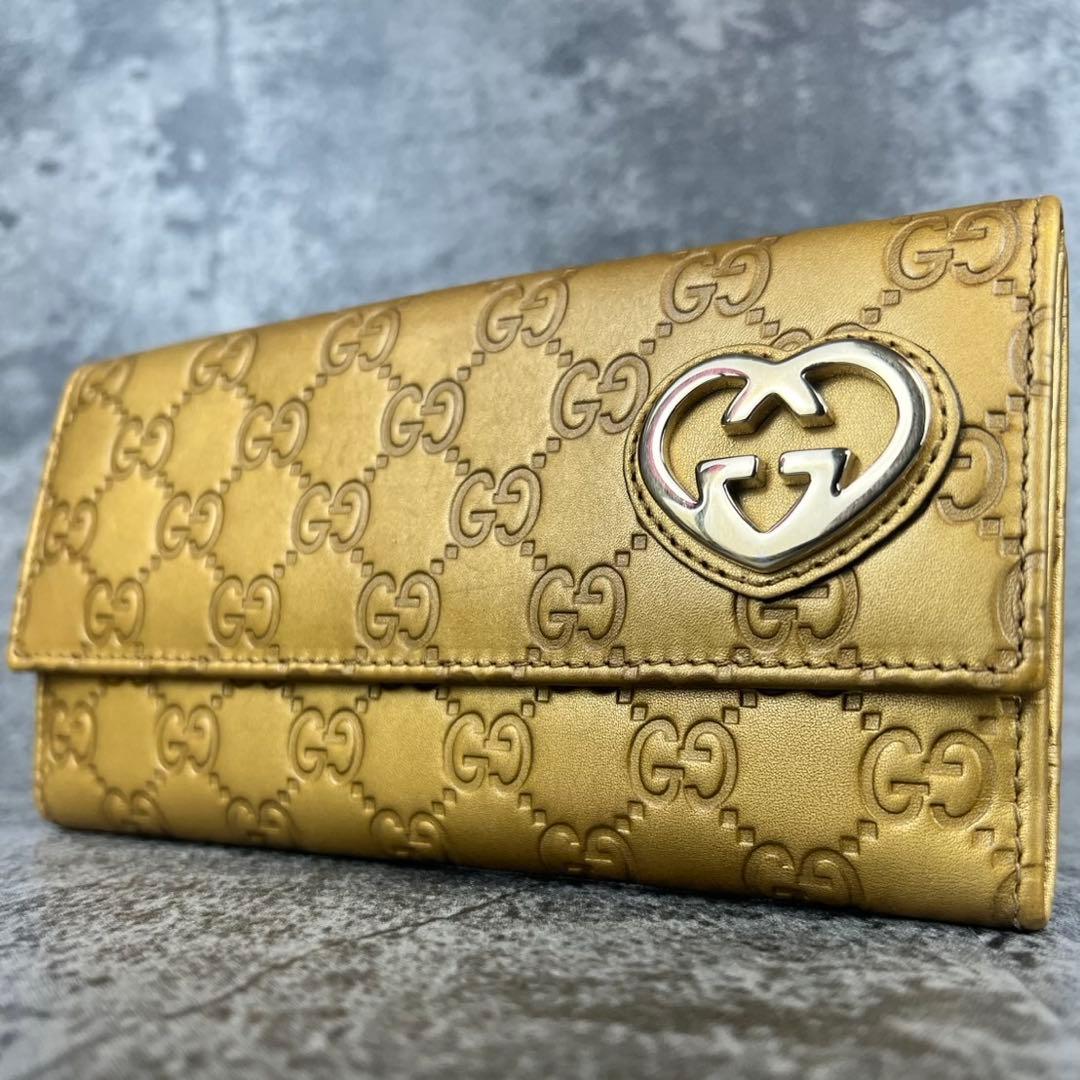 GUCCI ラブリーハート GG柄 レザー 長財布 ゴールド