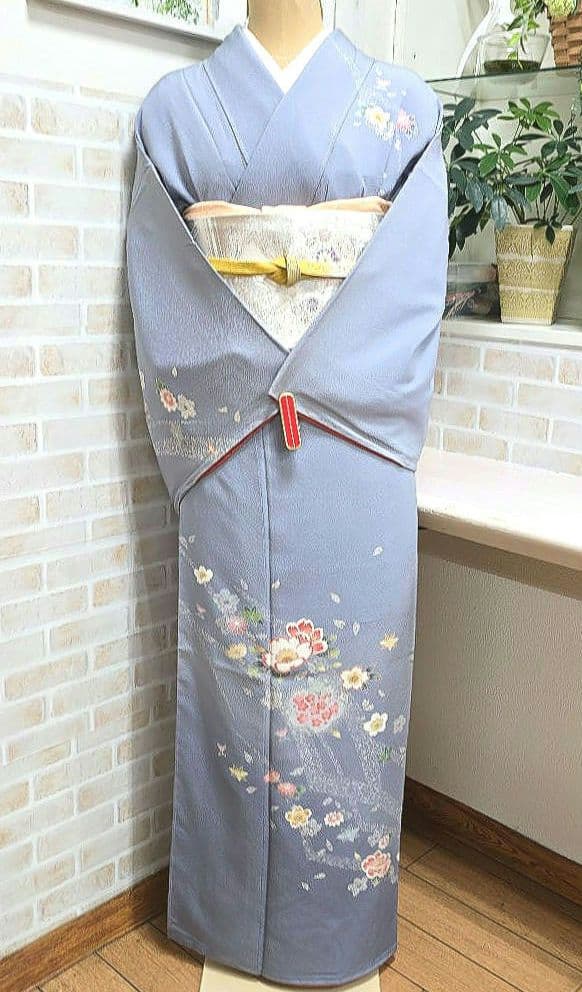 青紫色桜訪問着と袋帯・帯揚げ帯締めの4点フルセット