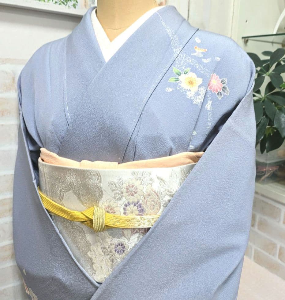 青紫色桜訪問着と袋帯・帯揚げ帯締めの4点フルセット