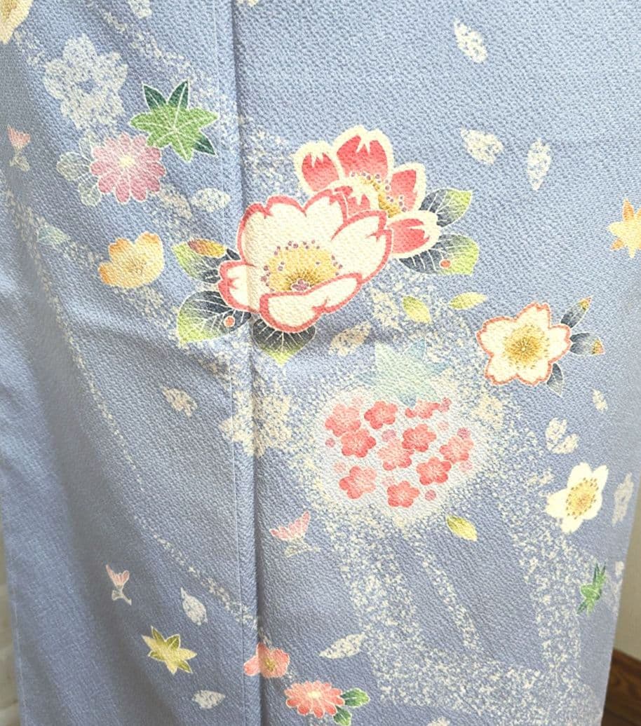 青紫色桜訪問着と袋帯・帯揚げ帯締めの4点フルセット