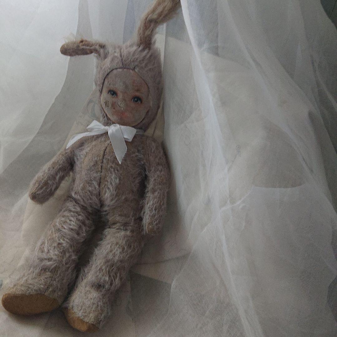 イギリスアンティーク　クロスフェイスドール　グレー　モヘア　バニードール