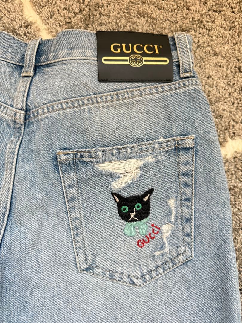 GUCCI デニムショートパンツ ライトブルー ネコちゃん 24インチ XS