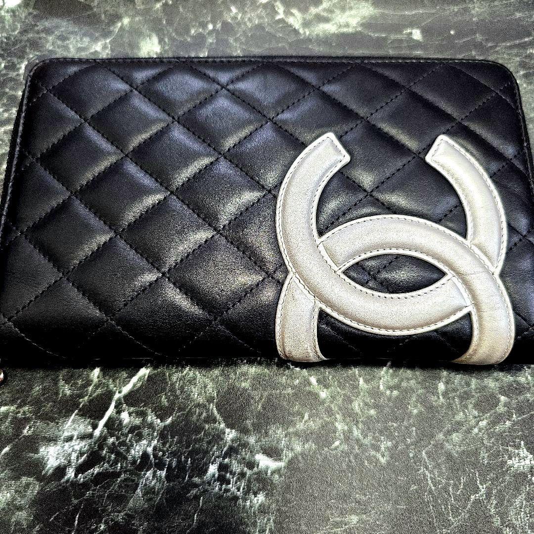 極美品CHANEL オーガナイザーカンボンライン長財布 黒 シルバー　ココマーク