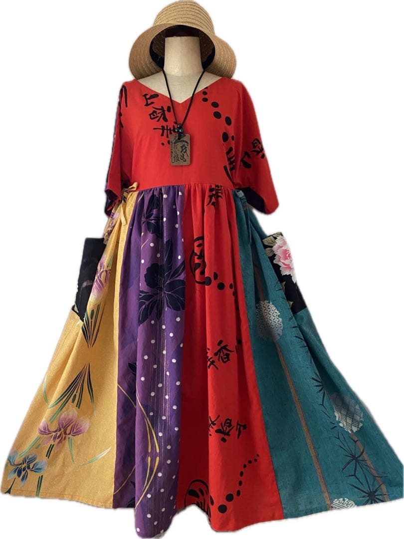アジア風デザインのロングドレス浴衣リメイクワンピース