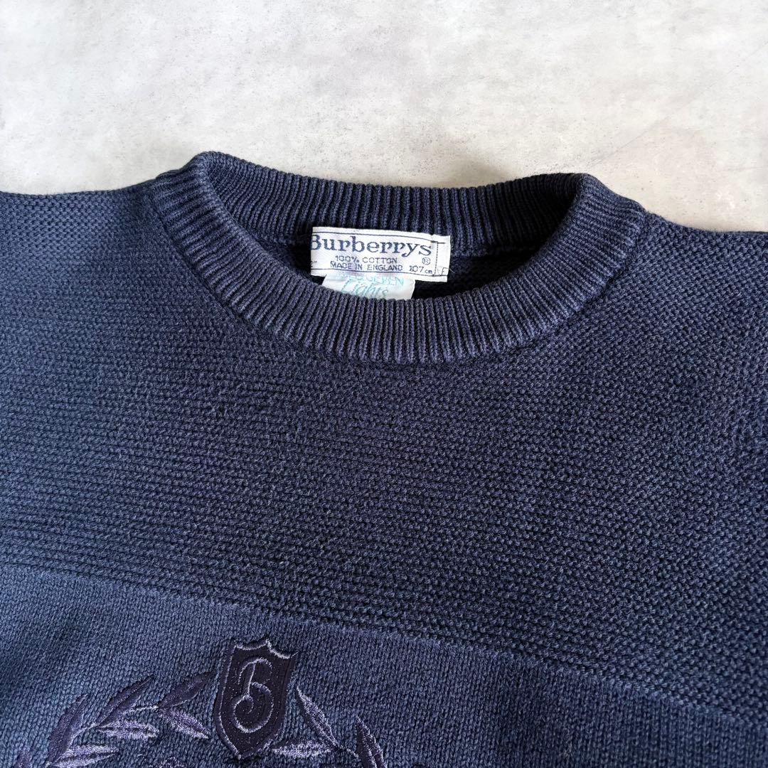 Burberrys 英国製 クレスト刺繍 ホースロゴ コットンニット ネイビー