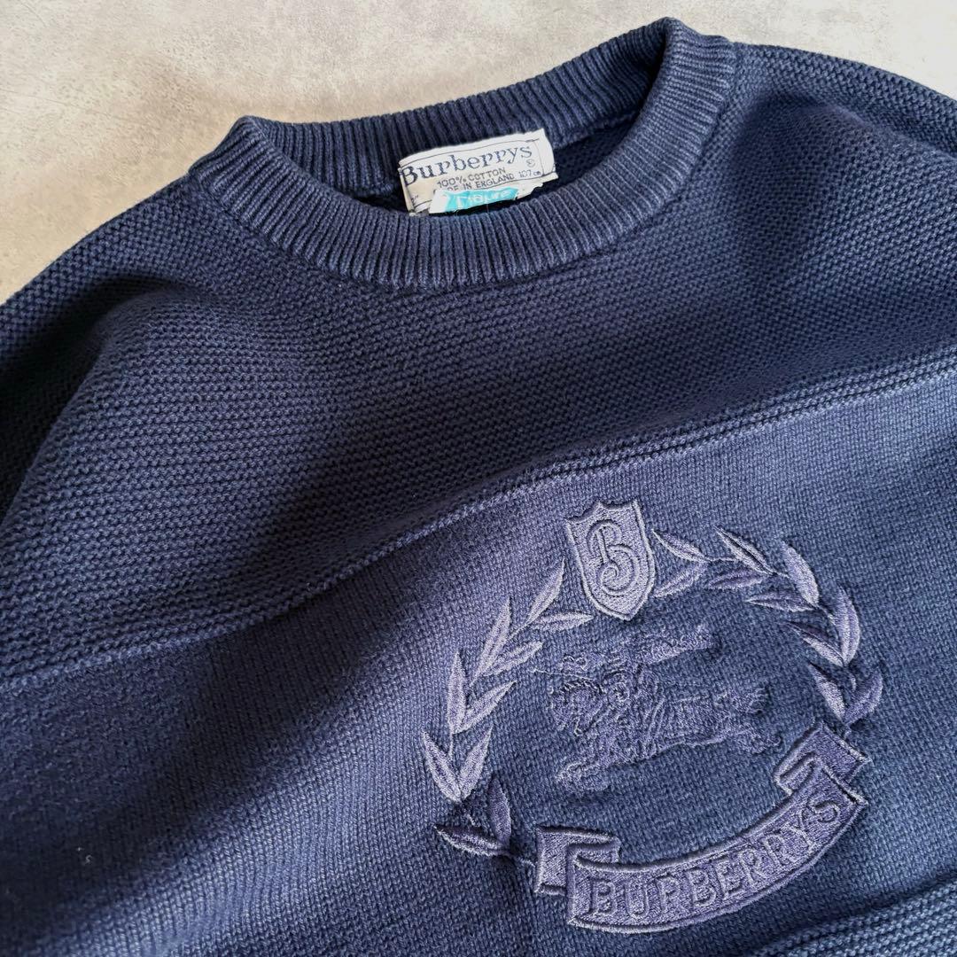 Burberrys 英国製 クレスト刺繍 ホースロゴ コットンニット ネイビー
