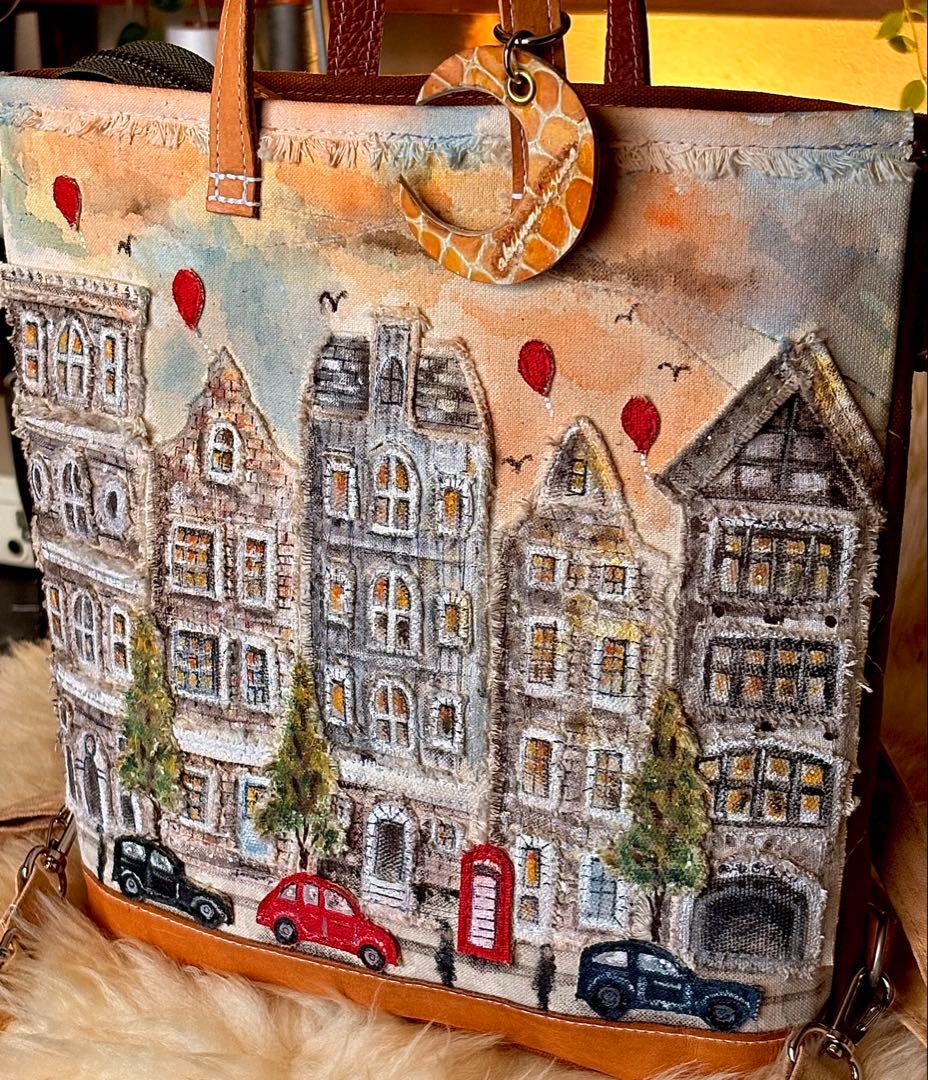 (手づくり)\"赤コントラスト ロンドンストリート\"リュックショルダーバッグ/刺繍