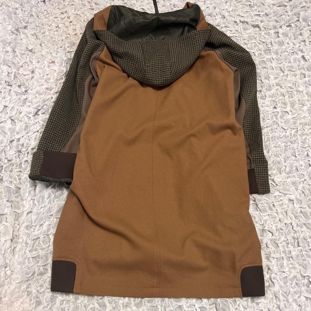 美品【ROSIER ロジエ】日本製 異素材MIX 切り替え コート フード 茶